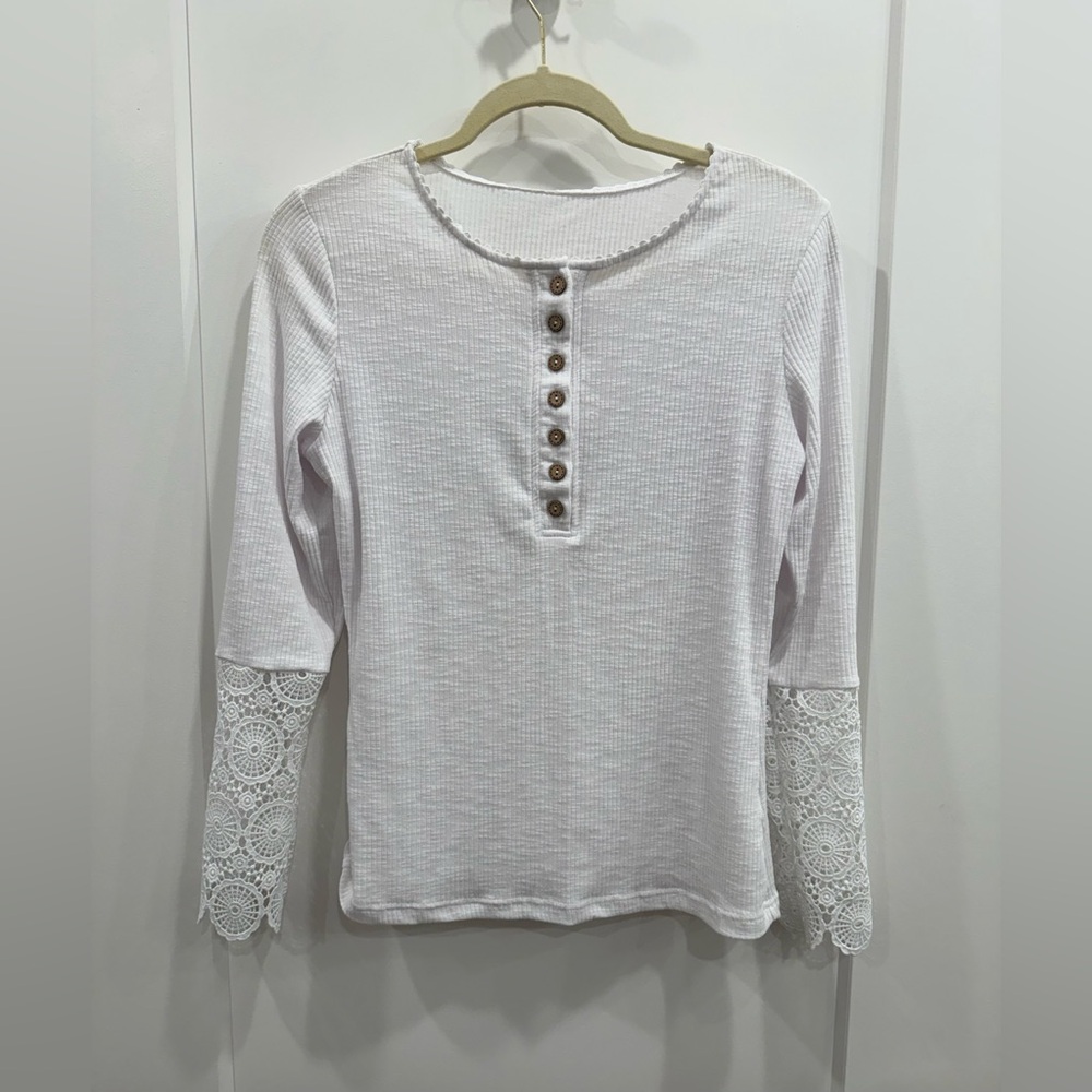 Waffle Knit Lace-Sleeve Henley Top - White